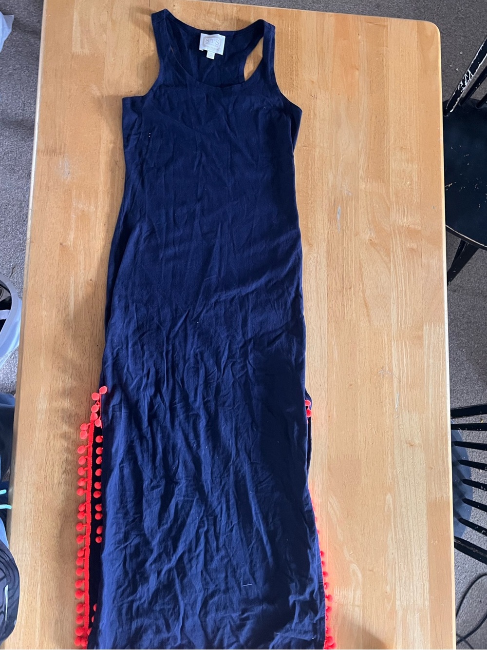 Sail to Sable Navy Maxi Dress with Red Pom-Pom Trim